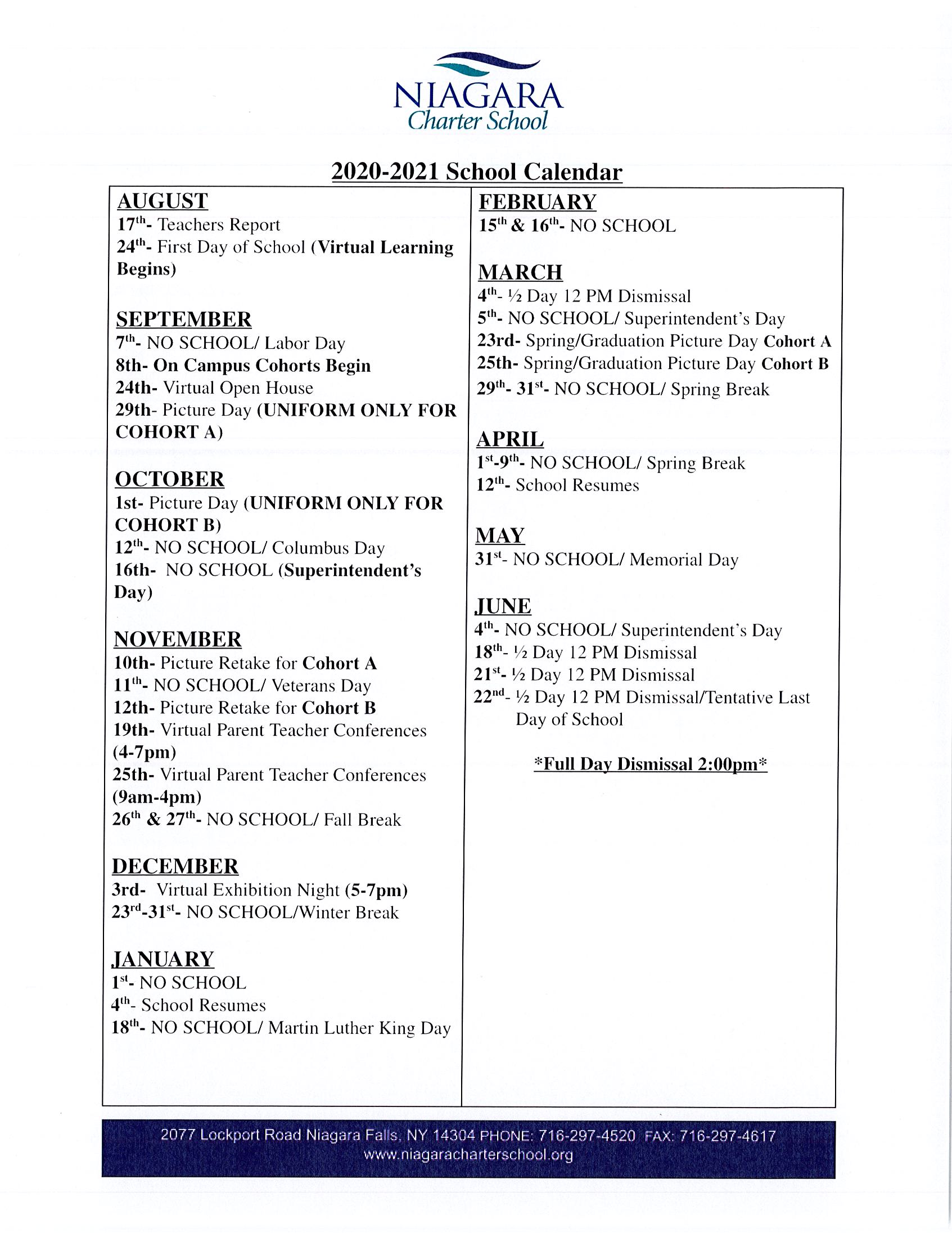 School Calendar – Niagara Charter School